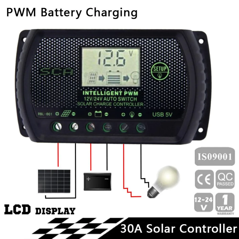 PWM 30A контроллер солнечного заряда 12 В 24 в ЖК дисплей USB Автоматический регулятор