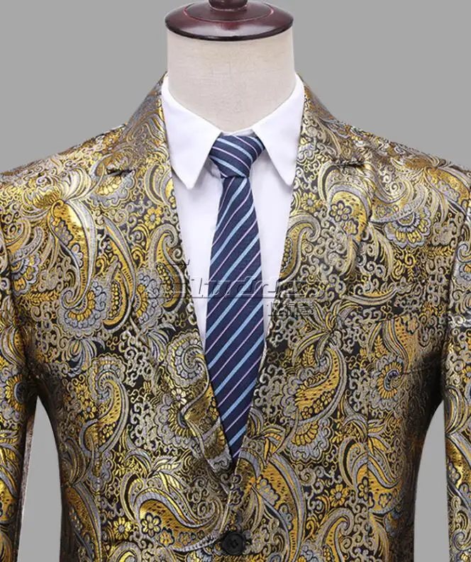 

gold Jacquard Blazer men groom suit mens wedding suits costume singer star style host master stage clothing formal dress
