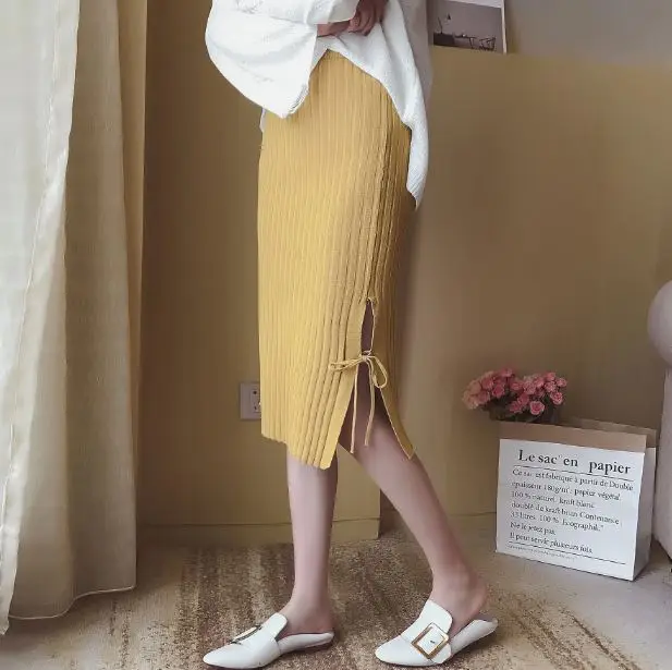 Вязаная юбка Модный ранец до середины икры Длина Разделение сбоку с Строки