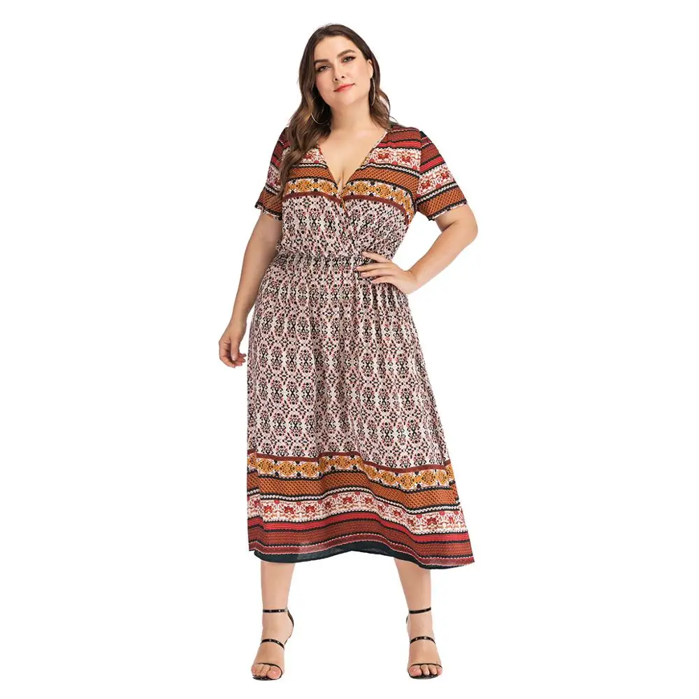 Женское платье большого размера 2019 Boho с длинным v-образным вырезом и коротким