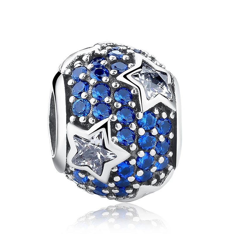 100% 925 Sterling Tibet Silver Soild Round Blue &amp Pink Rhinestone Star Bead Fit European Bracelet Authentic Luxury DIY Jewelry |