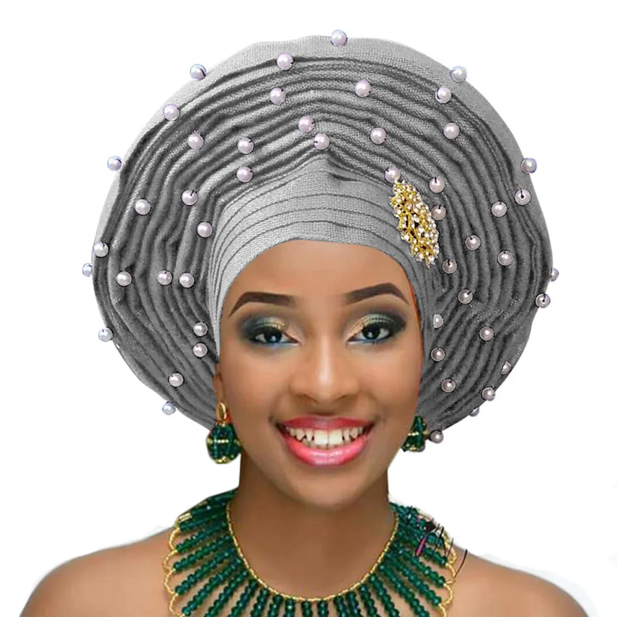 grey Aso oke головной убор с бисером aso oke нигерийский головной убор aso ebi африканский геле Авто геле Африканский головной убор - Цвет: grey