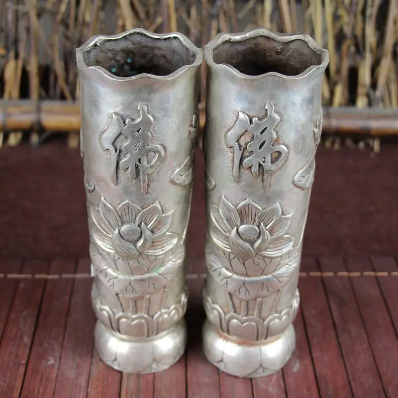 

White Copper Exquisite Crafts Collection A Pair of Lotus Buddha-type Vases 2pcs