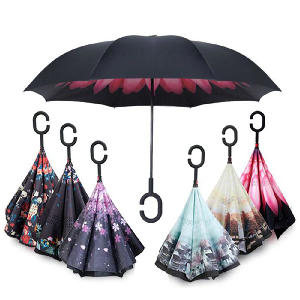 Человек Для женщин ручка ветрозащитный обратный складной зонт от солнца и дождя