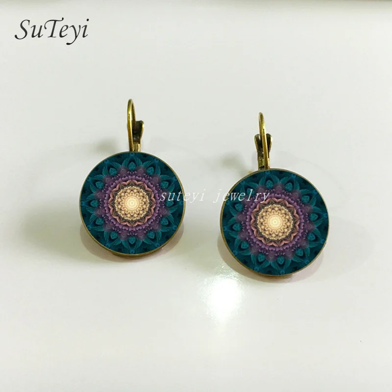 bronze SUTEYI винтажные DIY стеклянные мандалы Лотос художественные серьги символ буддизм дзен, йога хна серьги для женщин ювелирные изделия - Окраска металла: bronze