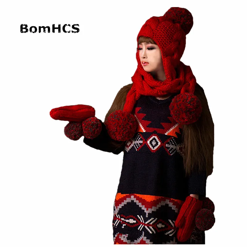 BomHCS Red Beanie with Scarf + Gloves (2PCS SUIT) Cute Women Winter Warm Handmade Knit Hat Caps