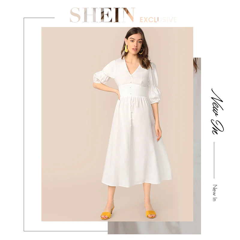 SHEIN Расклешенное Платье С Пуговицами И Оригинальным Рукавом Элегантное Летнее Платье С Средним Рукавом Женские Длинные Платья С V-Образным Вырезом