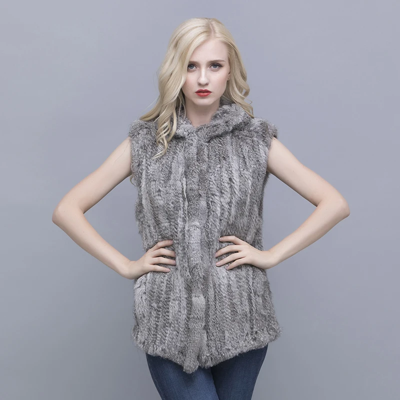Real Rabbit Fur Vests for Women Fur Sleeveless knitting Raccoon Vest Fashionable Leisure Rabbit Skin Vest Pure natural fur vests