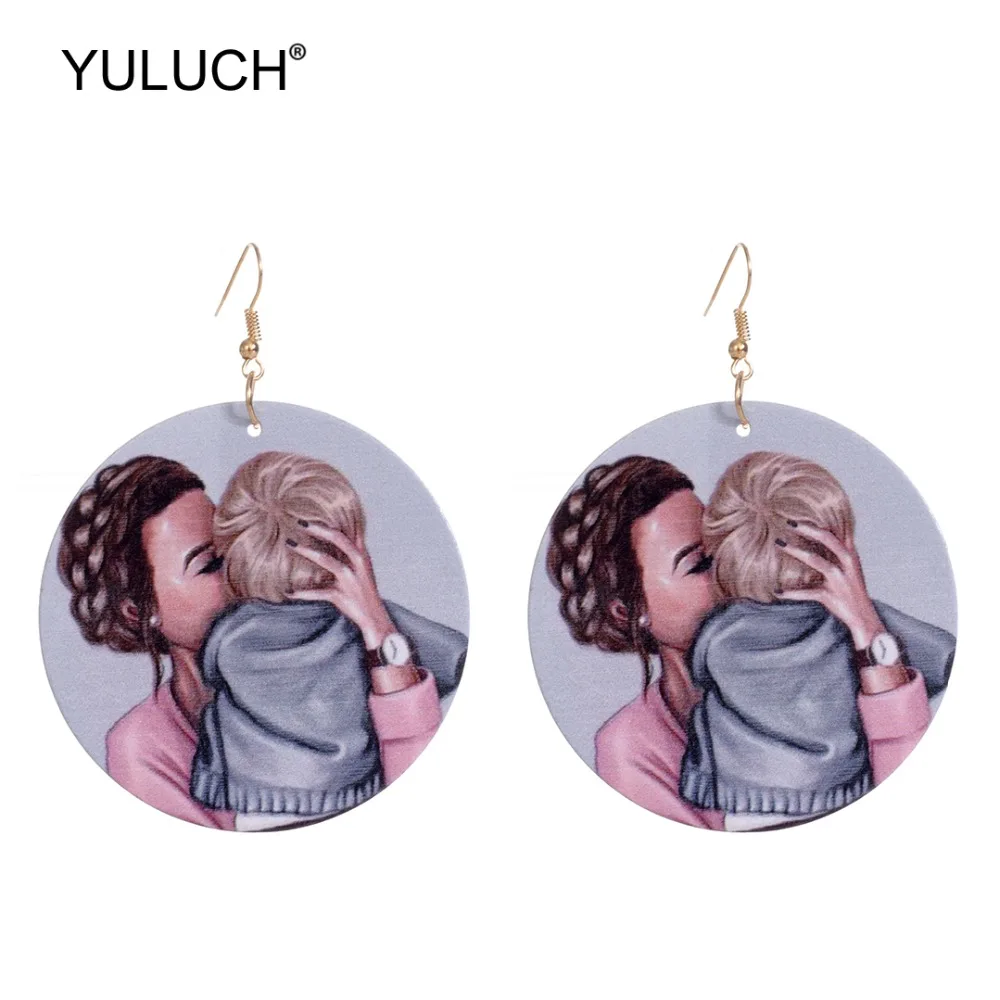 YULUCH 2019 модные круглые деревянные окрашенные в виде мамы серьги капли с принтом