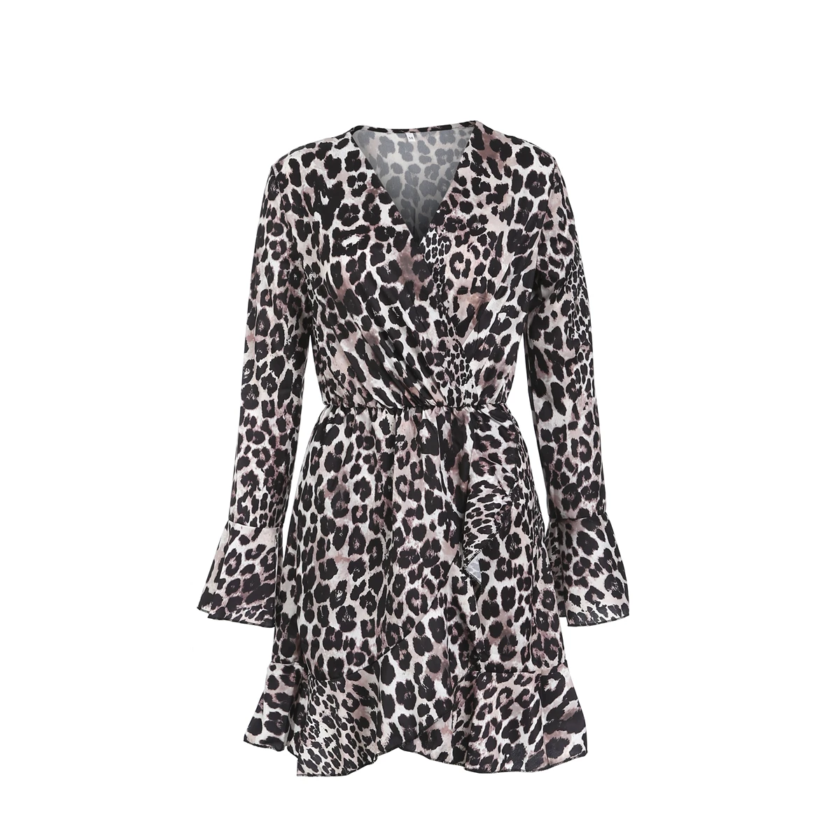 Женское мини платье из полиэстера с длинным рукавом и леопардовым принтом