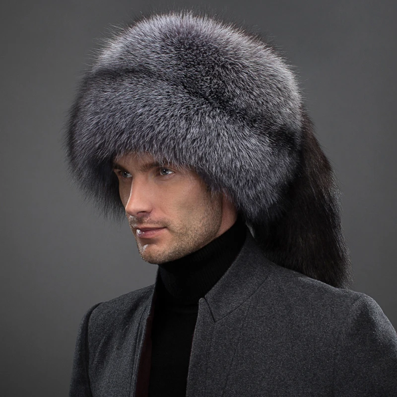 Russian real natural silver fox fur cap man with lady fox tail male winter soft hat