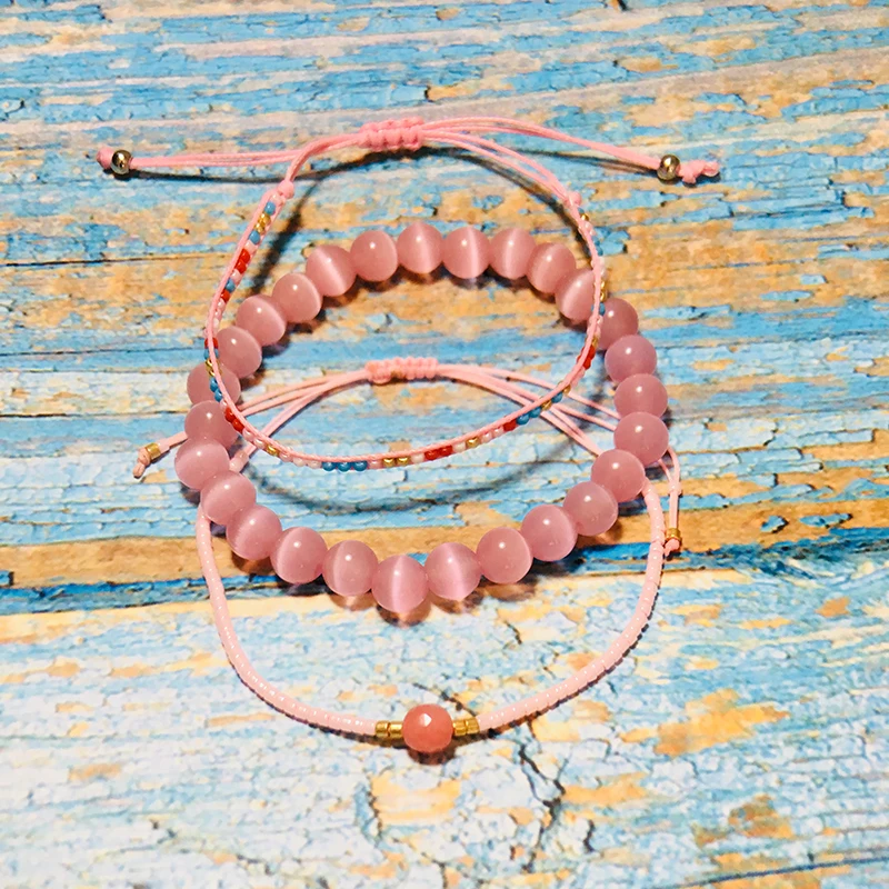 Boho 3 шт./компл. розовый опал браслеты для женщин и девочек милый бисер