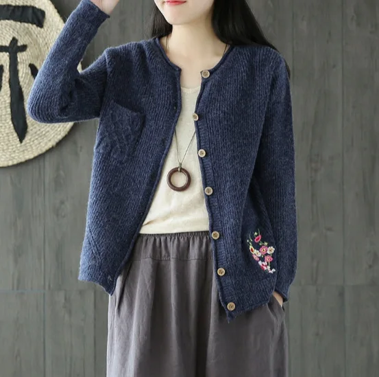 Literature Emboridery Floral Pocket Knitted Cardigans Autumn Outerwear Long Sleeve Single Breasted Womens Sweaters Vintage Pull |