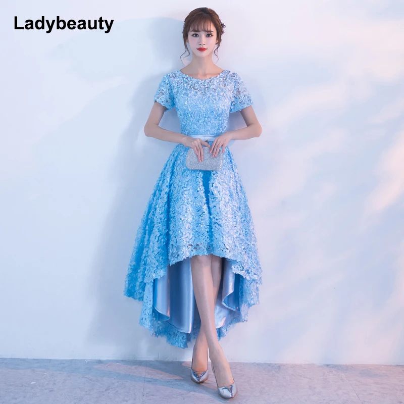 Ladybeauty Небесно-Голубые Вечерние платья короткие спереди длинные сзади Вечерние платья кружевные лепестки с круглым вырезом vestidos de festa официальные