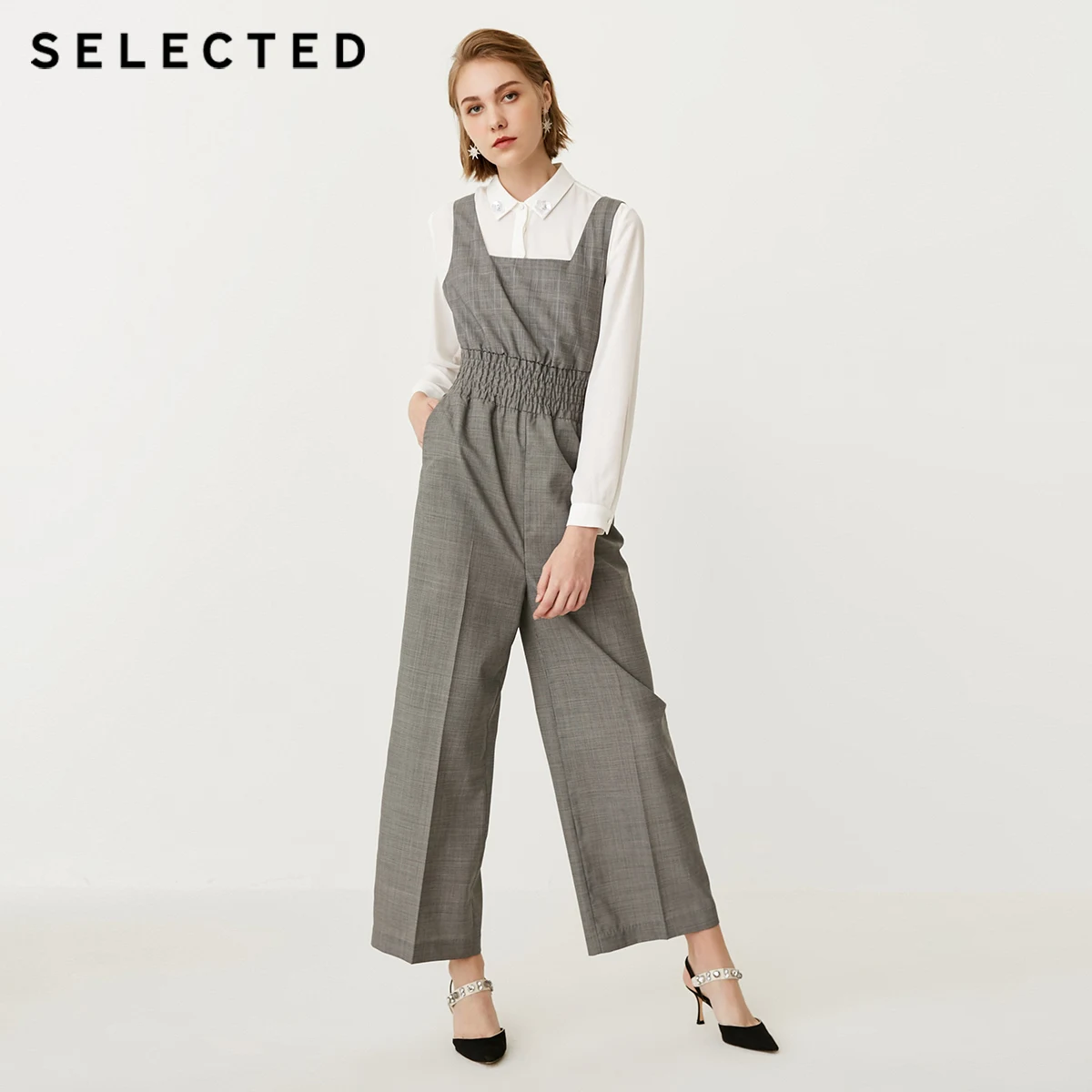 SELECTED Women's Wool-blend Loose Fit Shoulder Straps Plaid Jumpsuit SIG|418344505 |