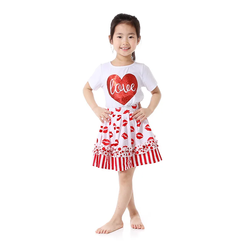 Одежда для девочек на День святого Валентина футболка с сердечками и юбка костюм