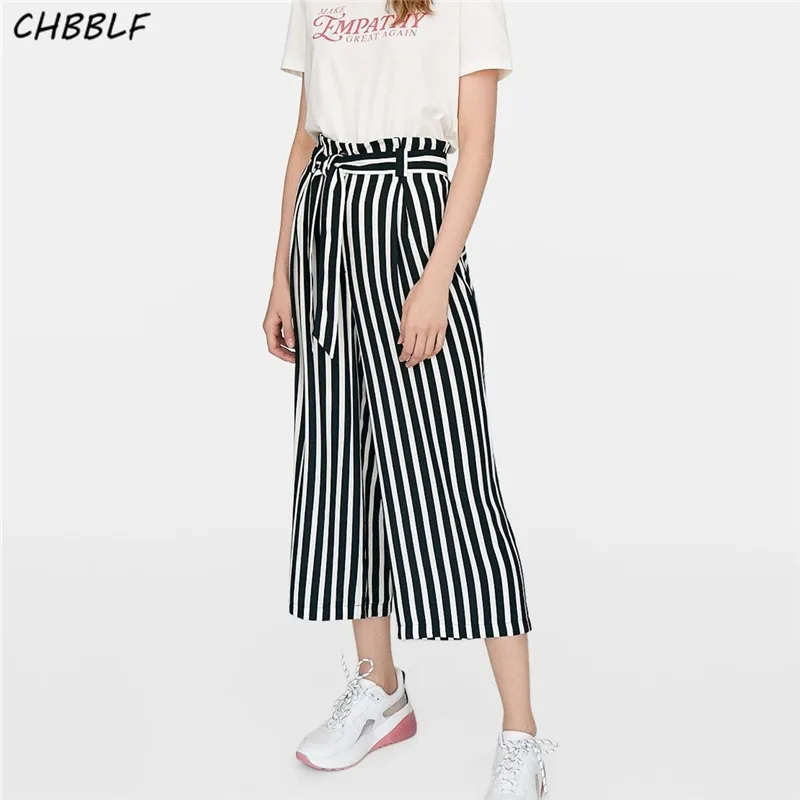 Женские широкие брюки CHBBLF черные винтажные в полоску с эластичной талией и