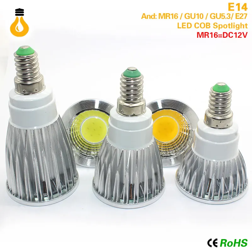 Bombilla de foco MR16 E27 E14 GU10 GU5.3 COB затемнения 7 ваттов 9 12 светодиодный alta potencia luz caliente/blanco