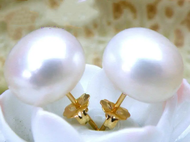 Топ AAA + хлеб 9 5 мм 10 белый akoya жемчужные серьги гвоздики 14k ТВЕРДОЕ ЗОЛОТО|Серьги| |