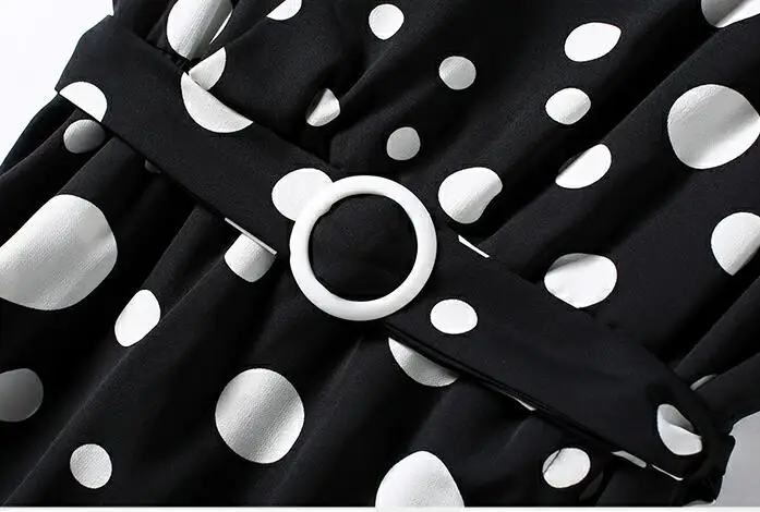 OL элегантный в горошек платья Женщины V шеи туника с длинными рукавами Сплит юбка