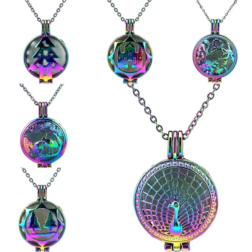 

Rainbow Perfume Diffuser Pendant Peacock Sled Chirstmas Tree Castle Cage Locket Necklace 60cm Chains