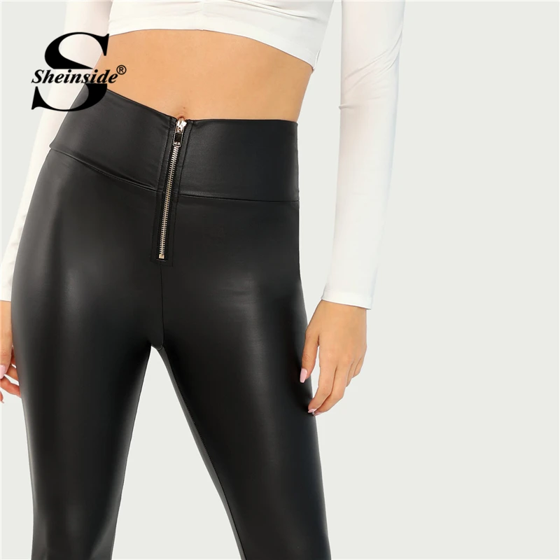 Sheinside Exposed Zip Front Black Leggings Women Workout Trousers Mid Waist Skinny Pants Autumn Casual Fitness Leggings