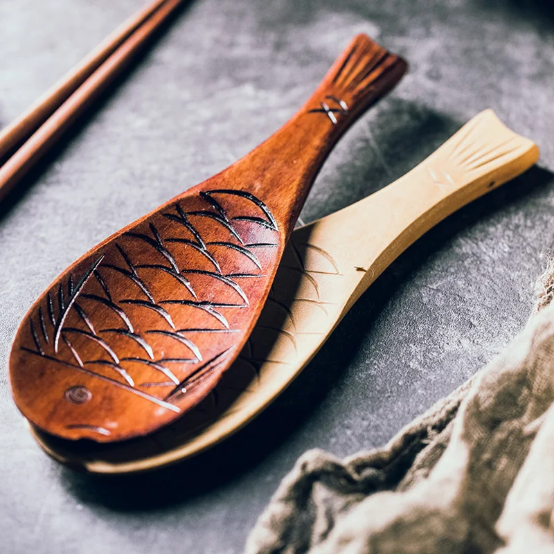 1 шт., милая рисовая ложка в форме рыбы, Китайская рисовая лопатка, деревянная рисовая ложка, десертная Картофельная сервировочная кухонная ложка, посуда