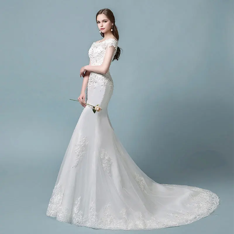 Robe de mariage, винтажное кружевное свадебное платье русалки,, короткий рукав, шнуровка, элегантные свадебные платья, платье невесты, Vestido de noiva - Цвет: Слоновая кость
