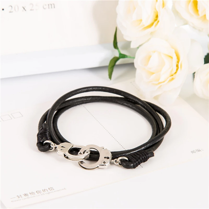 64 CM Black Genuine Leather Men's Handcuff Bracelet Multilayer Pulseira Masculina Menottes For Man Jewelry Gift | Украшения и