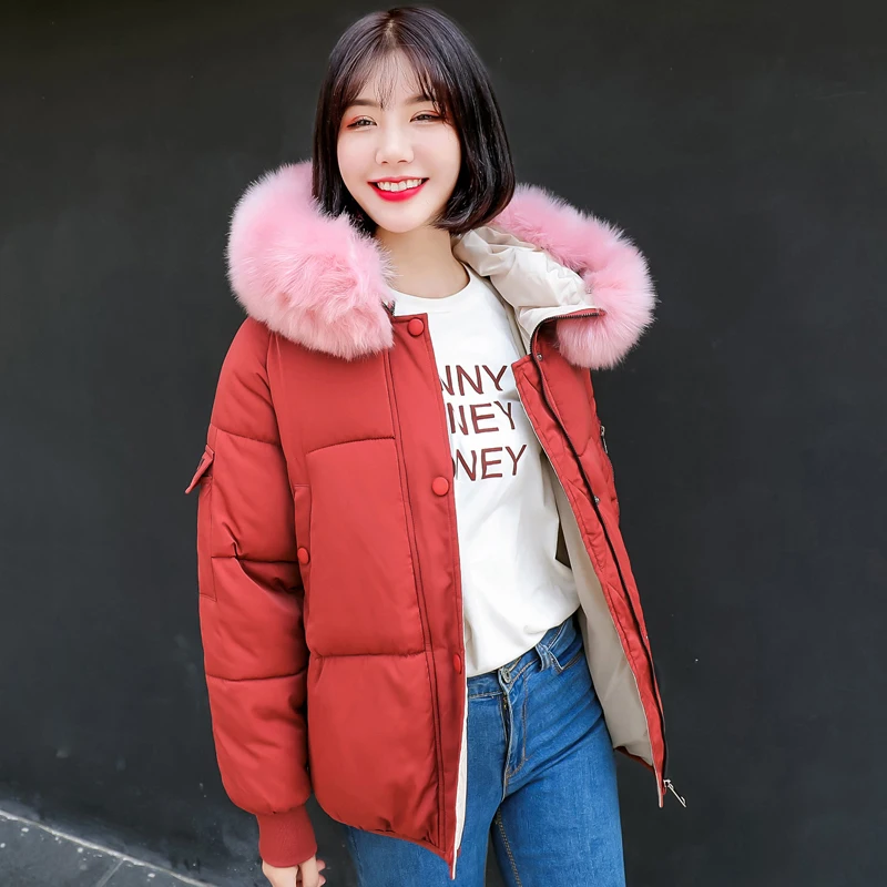 Женская зимняя куртка с меховым капюшоном в Корейском стиле хлопковой