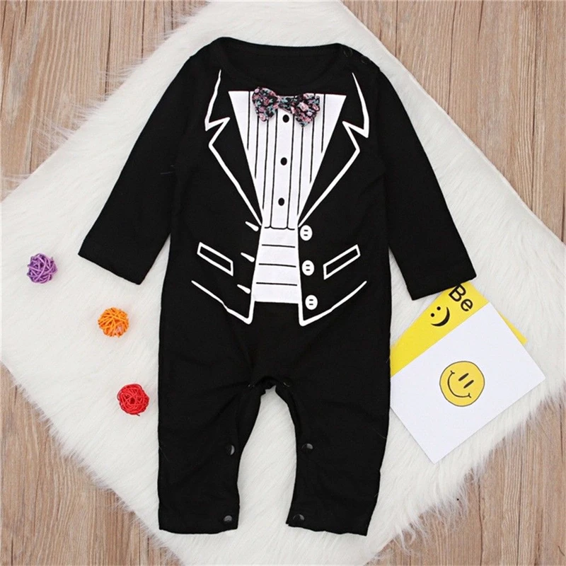 Newborn Infant Baby Boy Romper Toddler Kid Long Sleeve Bowknot Gentleman Suit Jumpsuit Party Tuxedo Clothes Outfit Fall 0-24M |