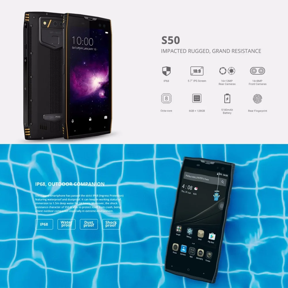 DOOGEE S50 IP68 Waterproof Smartphone 5.7'' 18:9 6GB 128GB MTK6763 Octa Core android 7.1 5180mAh 4 Cameras 16.0MP Rugged Phones |
