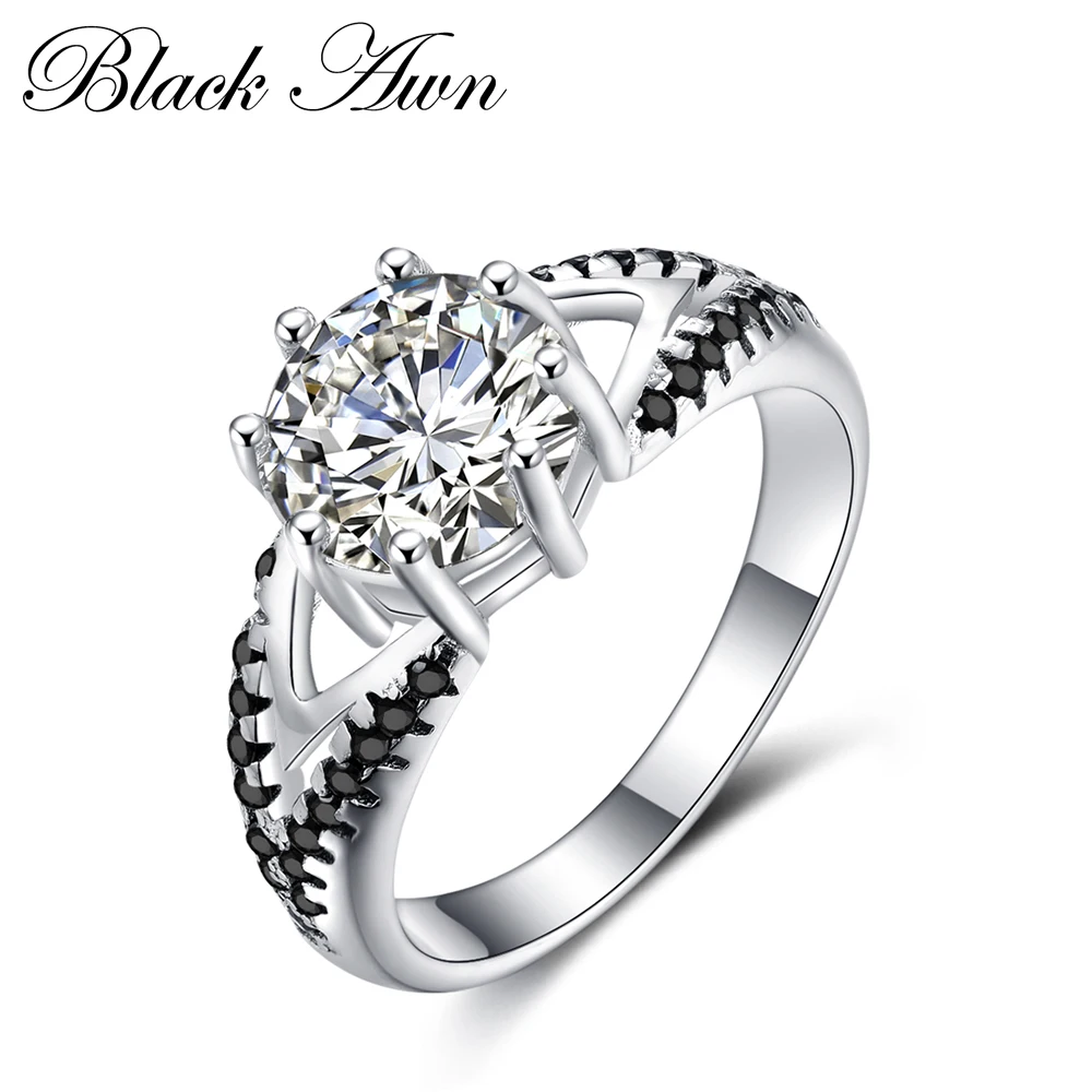 BLACK AWN 2022 Vintage Engagement Rings for Women Genuine 100% Sterling 925 Silver Jewelry Black&White Stone Bague Bijoux C252