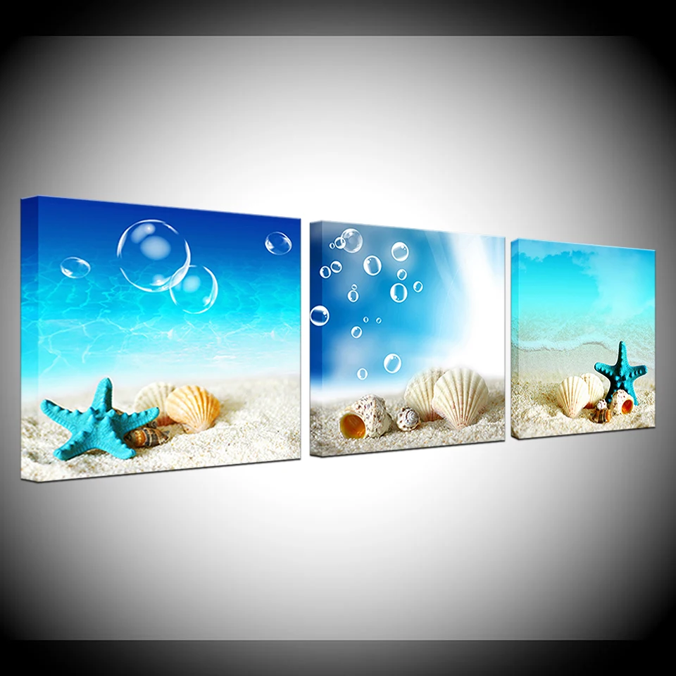 

HD Pictures Canvas Printed Modern Wall Art Framework 3 Pieces Sandy Beach Starfish Shells Seascape Home Decor Posters Painting