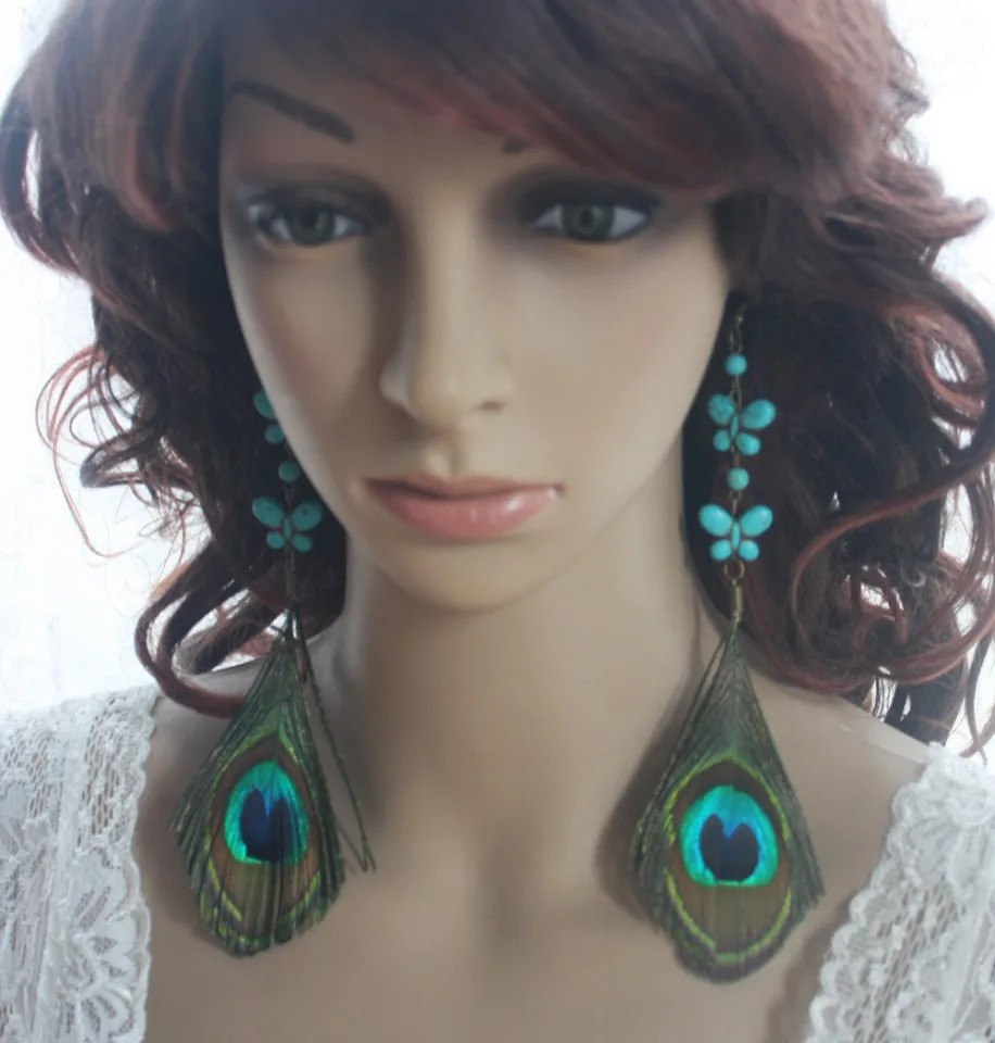1A2 19 Бирюзы howlite Камень Бабочка Павлиньих Перьев Серьги|peacock feather earrings|feather earringsfeather