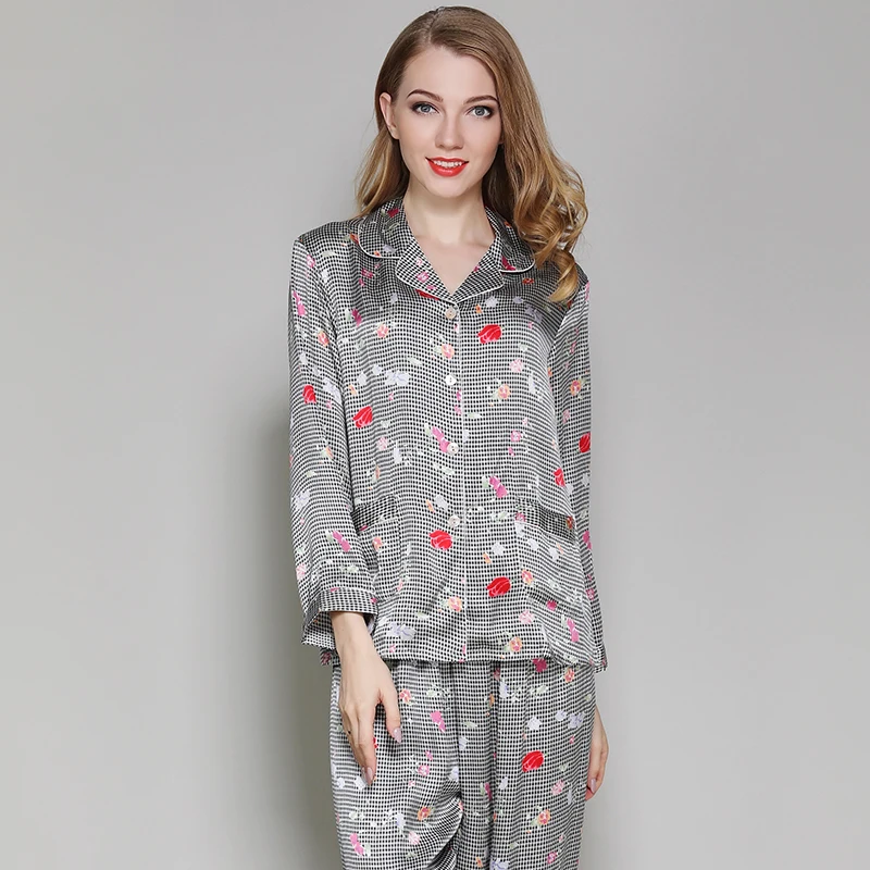 Womens Silk Pajamas Sets 2019Woman Plaid Full Sleeve Pants Silk Nightgown Lady100% Silk Satin Pyjamas Sleepwear Loungewear sets