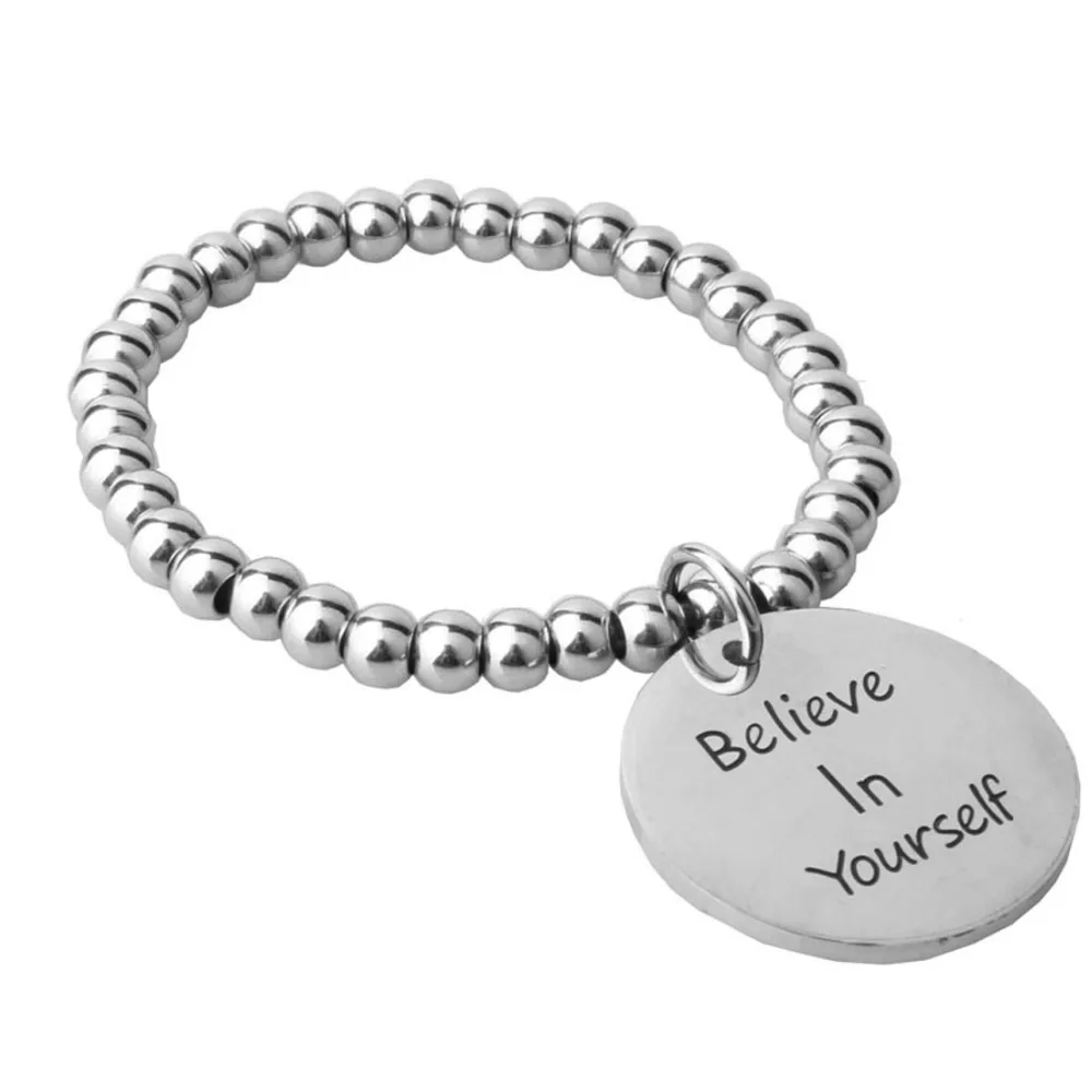 New Arrival Fashion Silver Stainless Steel Beaded Ball Handmade Bracelet &quotBelieve in Yourself&quot Round Charm 8mm7.5&quot | Украшения