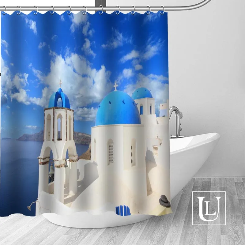 

High Quality Custom Greece Shower Curtain Polyester Fabric Bathroom Curtain Hooks Mildew Resistant Bathroom Decor