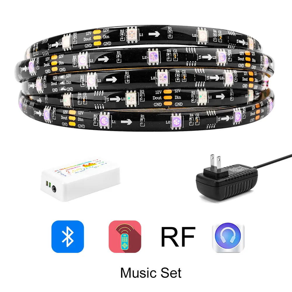 Black Music Set DreamColor набор светодиодных лент 5 м SMD 5050 RGB набор встроенных IC DC12V 150 Светодиодная лента с RF/APP светодиодный контроллер Синхронизация с музыкой IP65 - Испускаемый цвет: Black Music Set