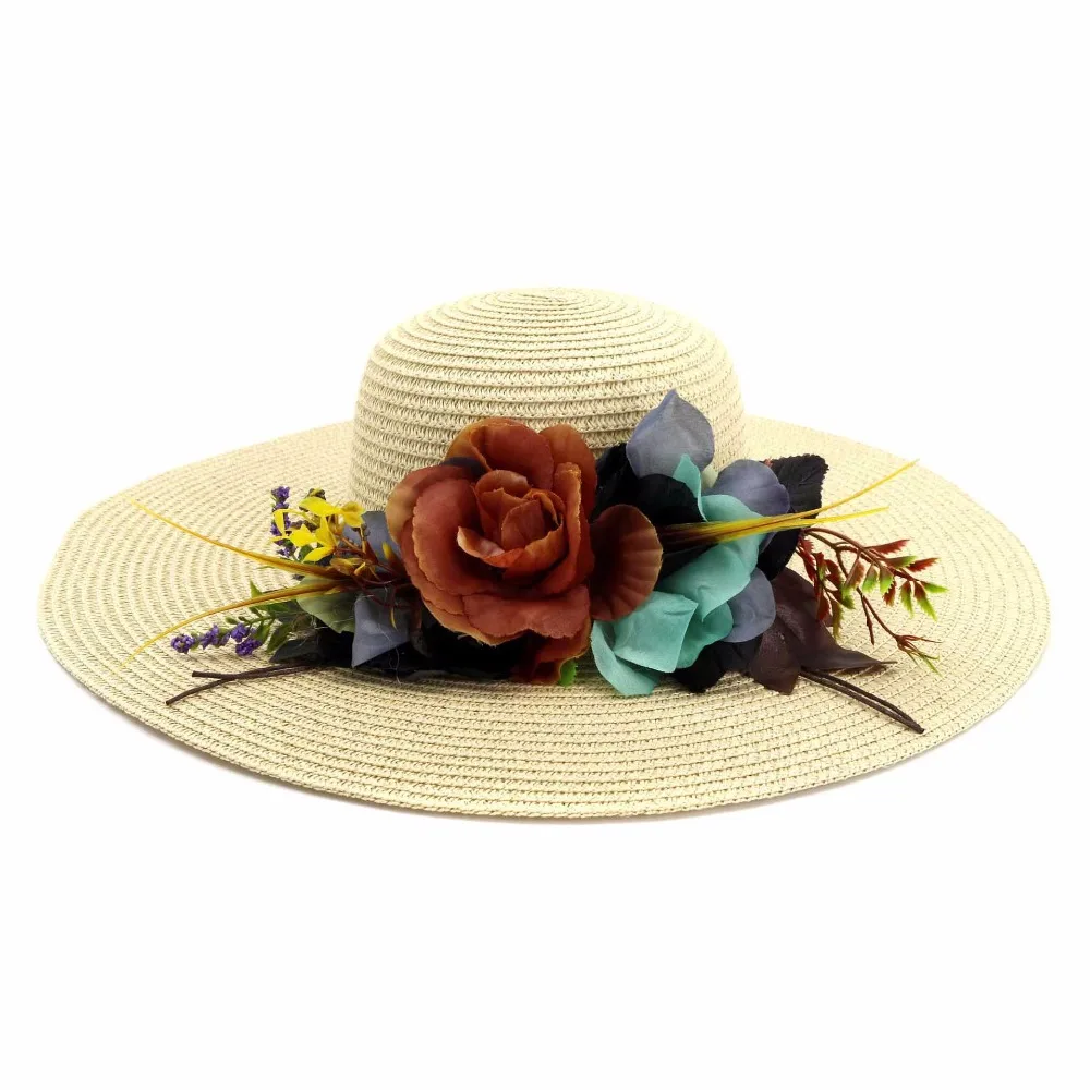 

Summer Ladies Sun Hats Artificial flower Straw Hat Big Brim Caps for Lady Shade Travel Beach Caps Dome Hat