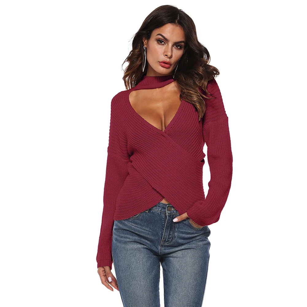 Sexy Deep V-Neck Women's Sweater Crossed Front Long Sleeve Solid Color Women Knitwear | Женская одежда