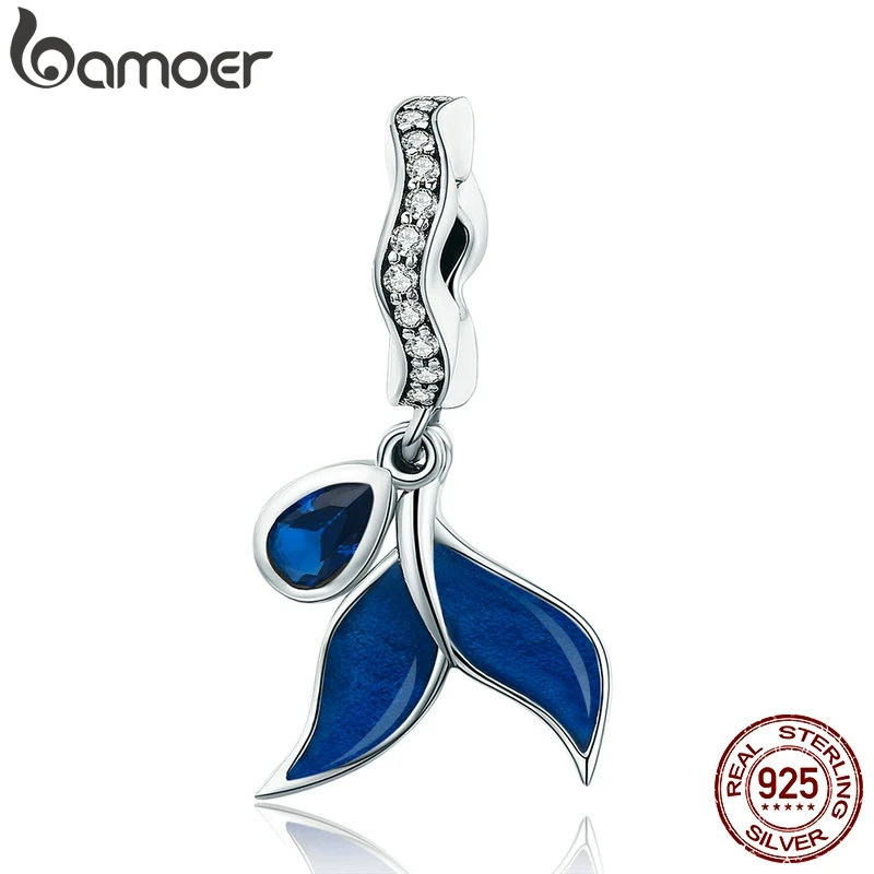 BAMOER 925 пробы, серебро, океан, голубая эмалированная рыба, Хвост кита, прозрачный CZ кулон, подвеска, шарм, браслет, сделай сам, ювелирное изделие SCC473