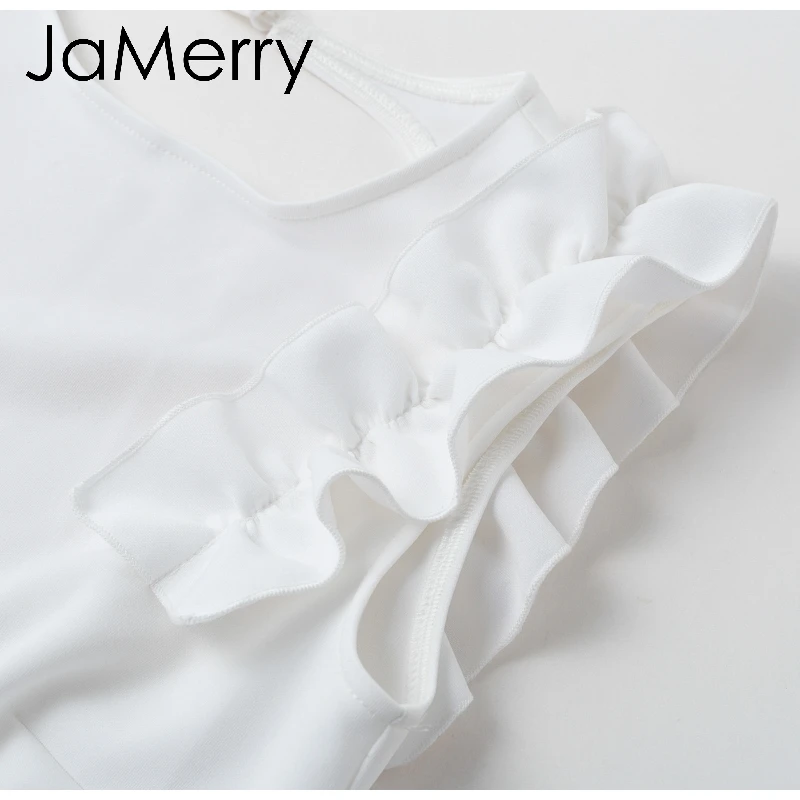JaMerry/Сексуальное Белое платье с рюшами и открытой спиной; вечерние платья без рукавов; сезон лето-весна; Короткое мини-платье; повседневное элегантное однотонное платье; vestido