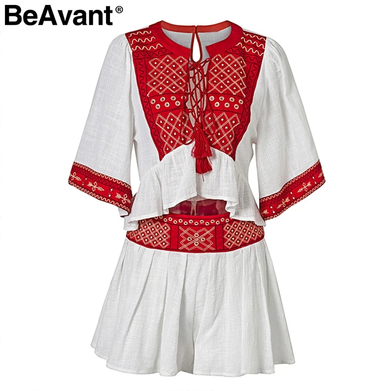 BeAvant двух частей кисточкой Вышивка playsuit Ползунки кружева выдалбливают