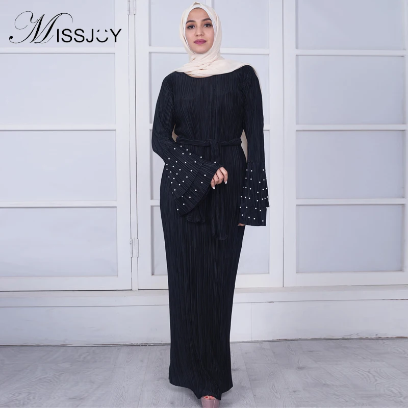 

MISSJOY Pearl Dress Turkish Maxi Dress Flare sleeve women Dress Pleated Islamic Fashion abayas robe muslim National costu Casual