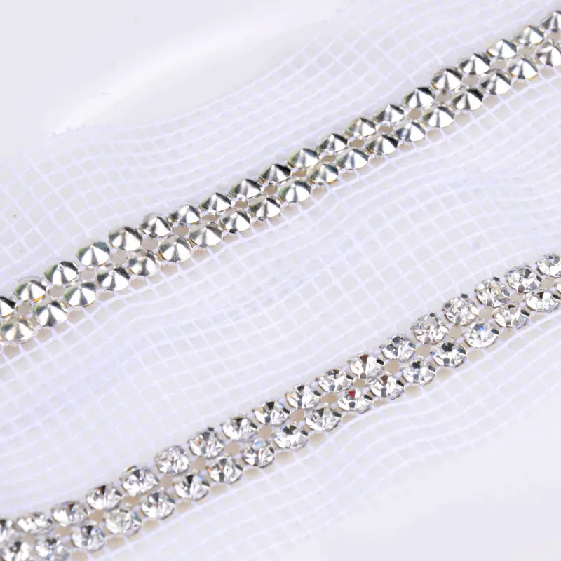 silver cup chain AAA shiny crystal rhinestone mesh trimming sew on mesh trim 2 rows 5 yards/roll white fabric trimming