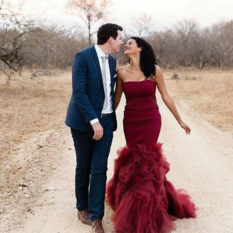 Красное платье-Русалочка Marsala с рюшами длина до пола оборками без спины 2019 |