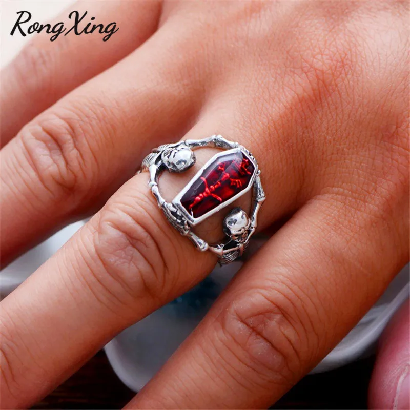 Rongxing старинный панк красный камень череп кольца для мужчин и женщин 925 Серебро Заполненный Скелет кольцо женские мужские модные вечерние аксессуары