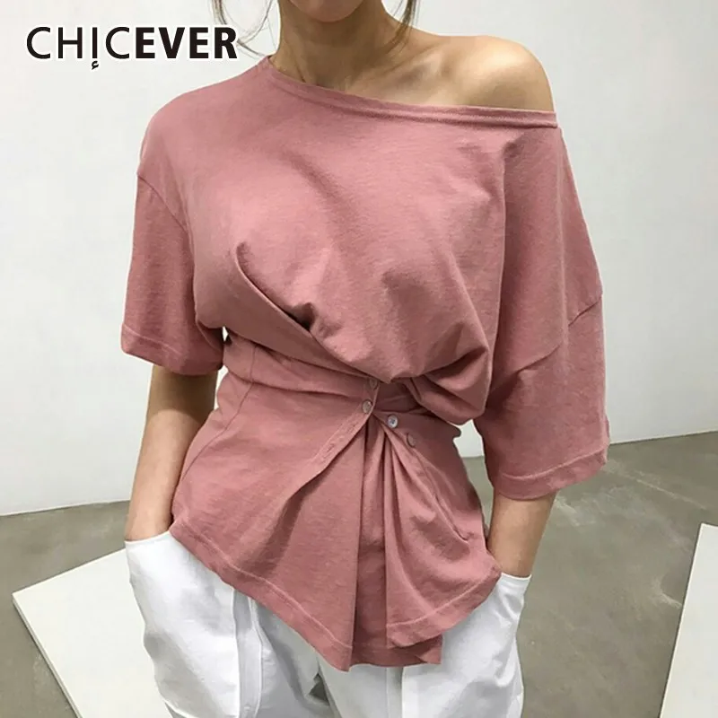 CHICEVER, летняя повседневная однотонная женская одежда, косой воротник, короткий рукав, пуговица, необычная женская футболка,, модная новинка