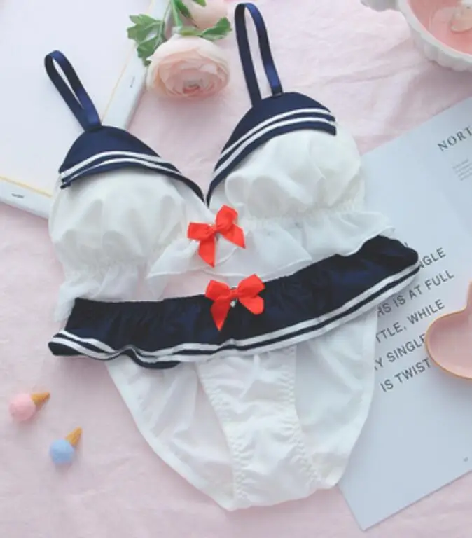 Navy Blue Японский аниме косплей Лолита Темно-синие нижнее белье наборы Kawaii молочный Шелковый бюстгалтер и трусики Мягкое Нижнее белье наборы - Цвет: Navy Blue